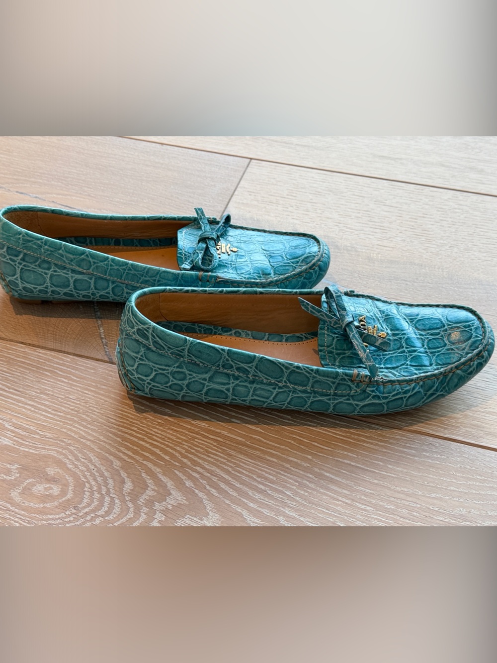 Hardly worn.. very comfortable, Prada Teal Croc-Embossed Leather Loafers size 8 - Picture 5 of 6